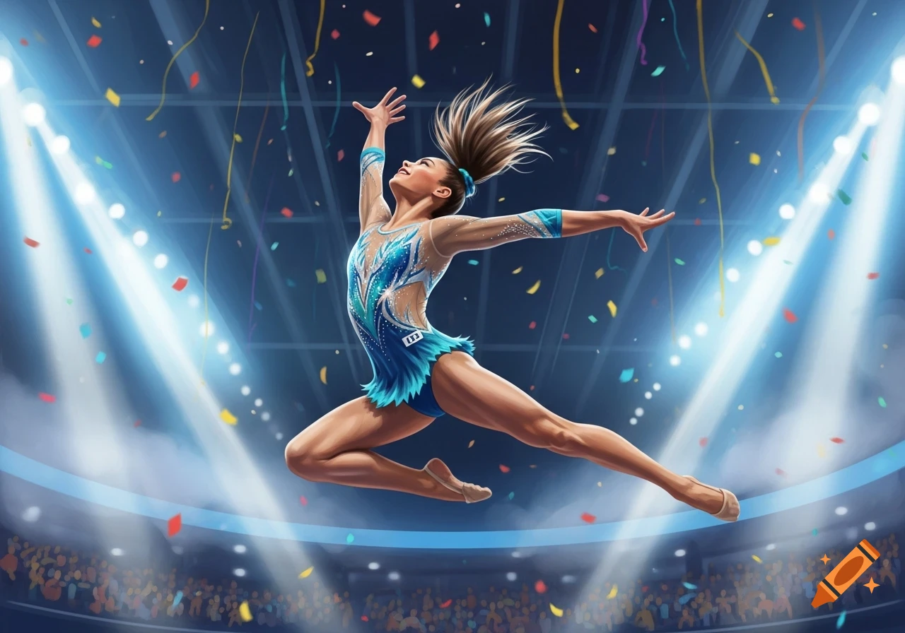 Illustrative depiction of a female gymnast in a blue leotard mid-air, arms outstretched, in a brightly lit stadium with confetti.