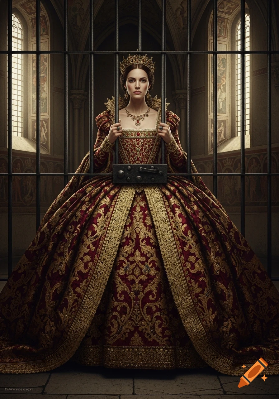 A queen in a lavish red and gold gown and crown stands behind prison bars in a grand, somber chamber.