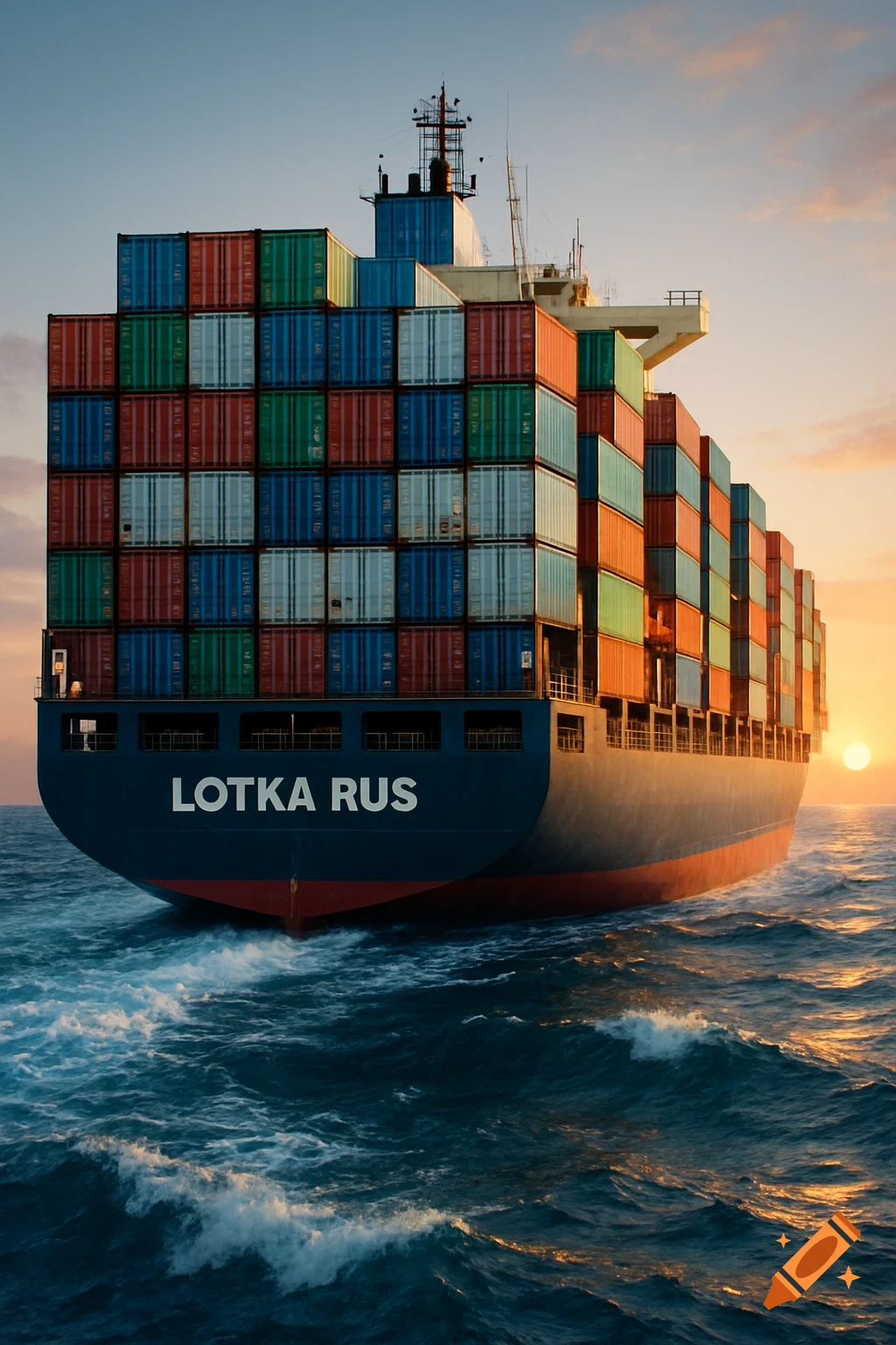 A large container ship with colorful stacked containers sails on a choppy ocean towards a vibrant sunrise, viewed from the stern.