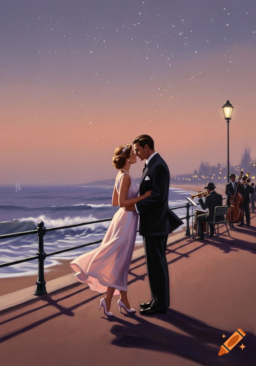 A romantic painting of a couple embracing on a pier at sunset, with a ...