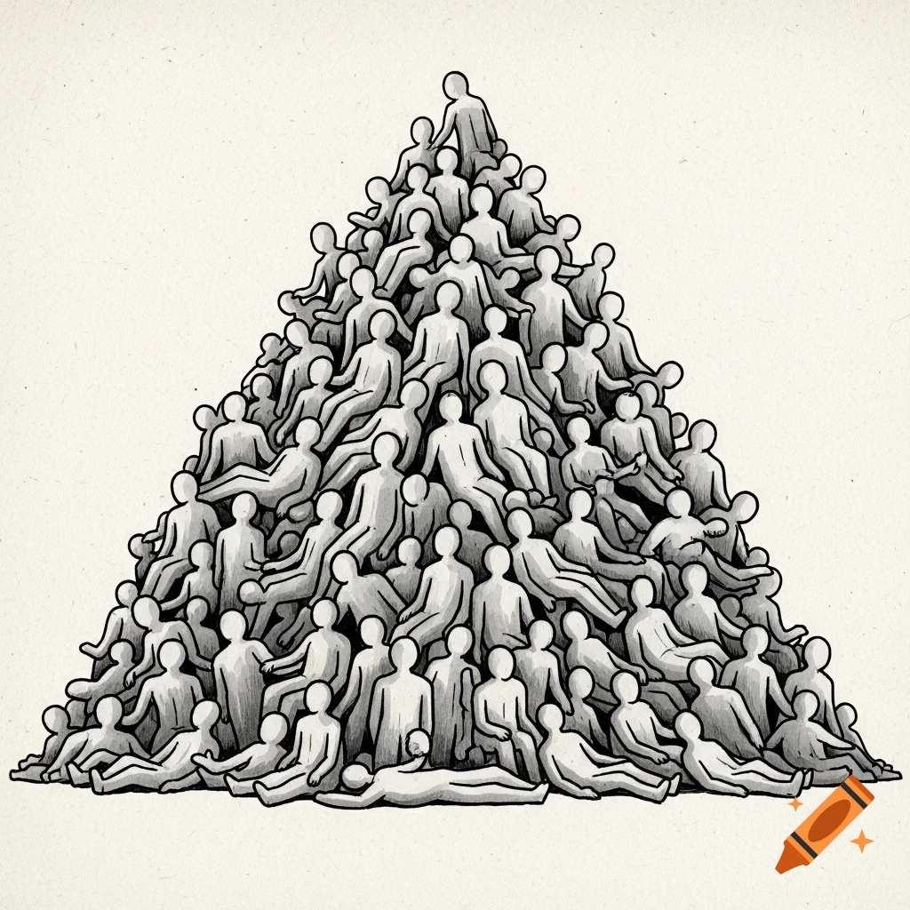 A monochromatic ink-style illustration of a large pyramid-like mound of densely overlapping, simplified, featureless human silhouettes.