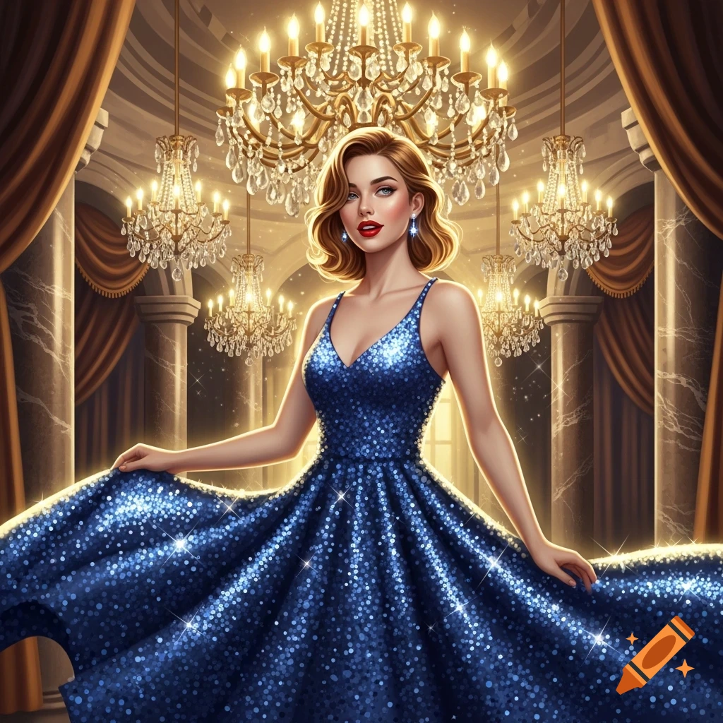 A glamorous woman in a sparkling blue gown and red lipstick stands in an ornate hall with multiple glittering chandeliers.