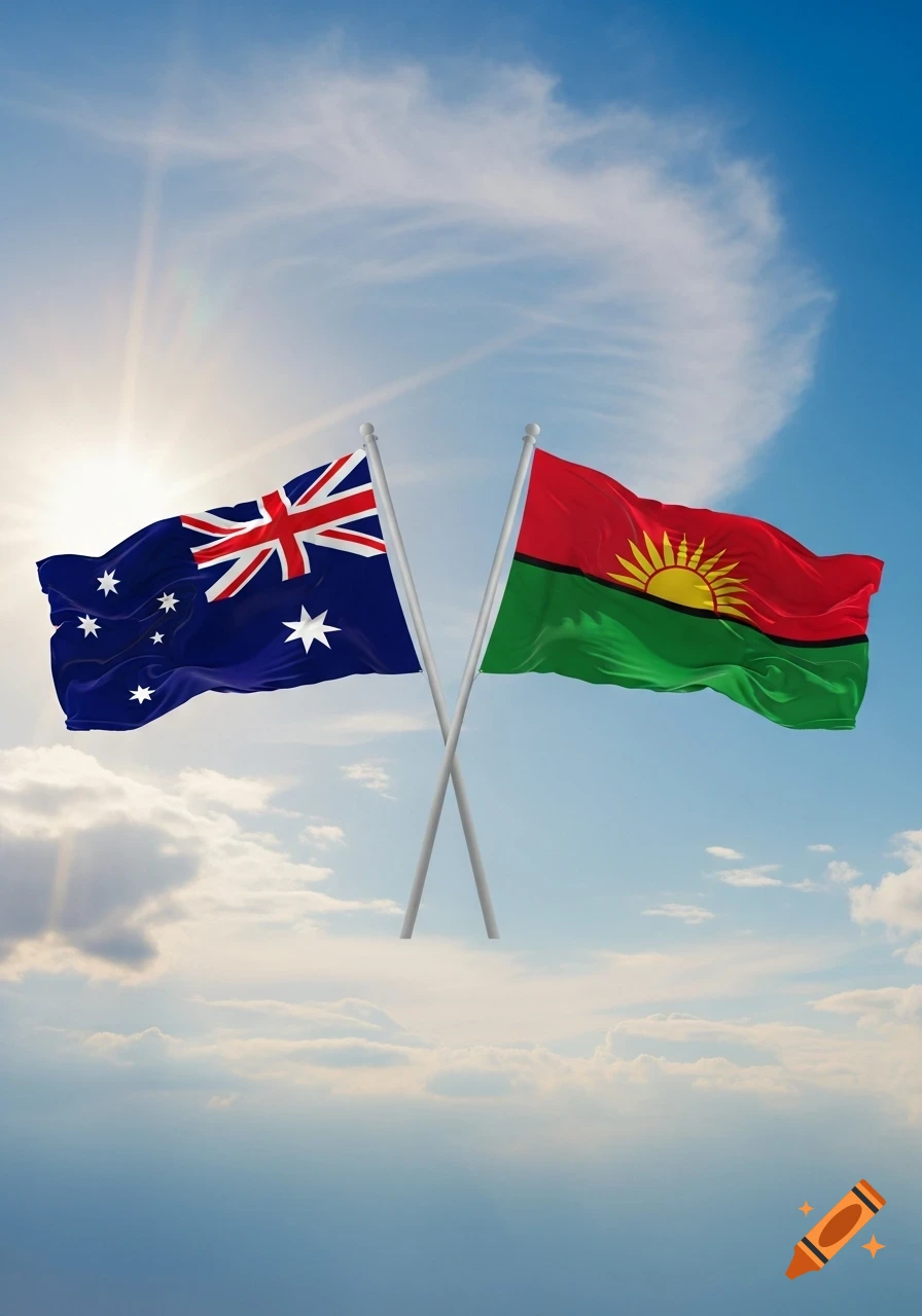 The Australian flag and the Biafran flag crossed against a bright, cloudy blue sky.