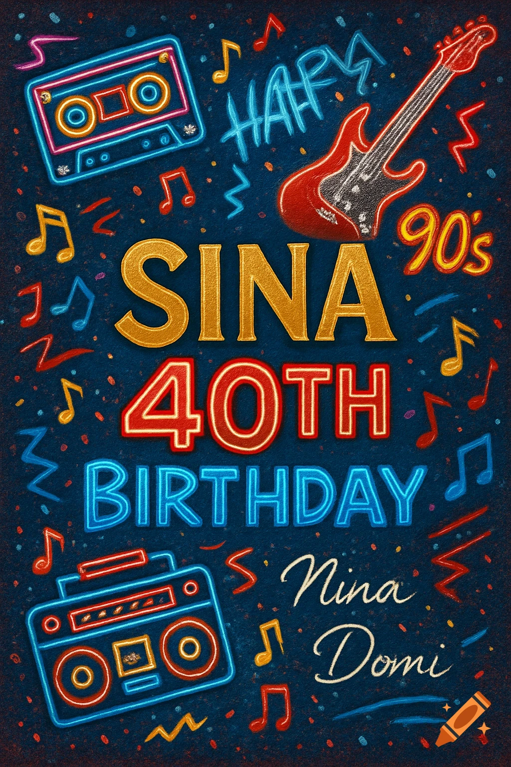 A vibrant 90s-themed birthday card for Sina's 40th, with neon-style text, a cassette tape, boombox, electric guitar, and musical notes.