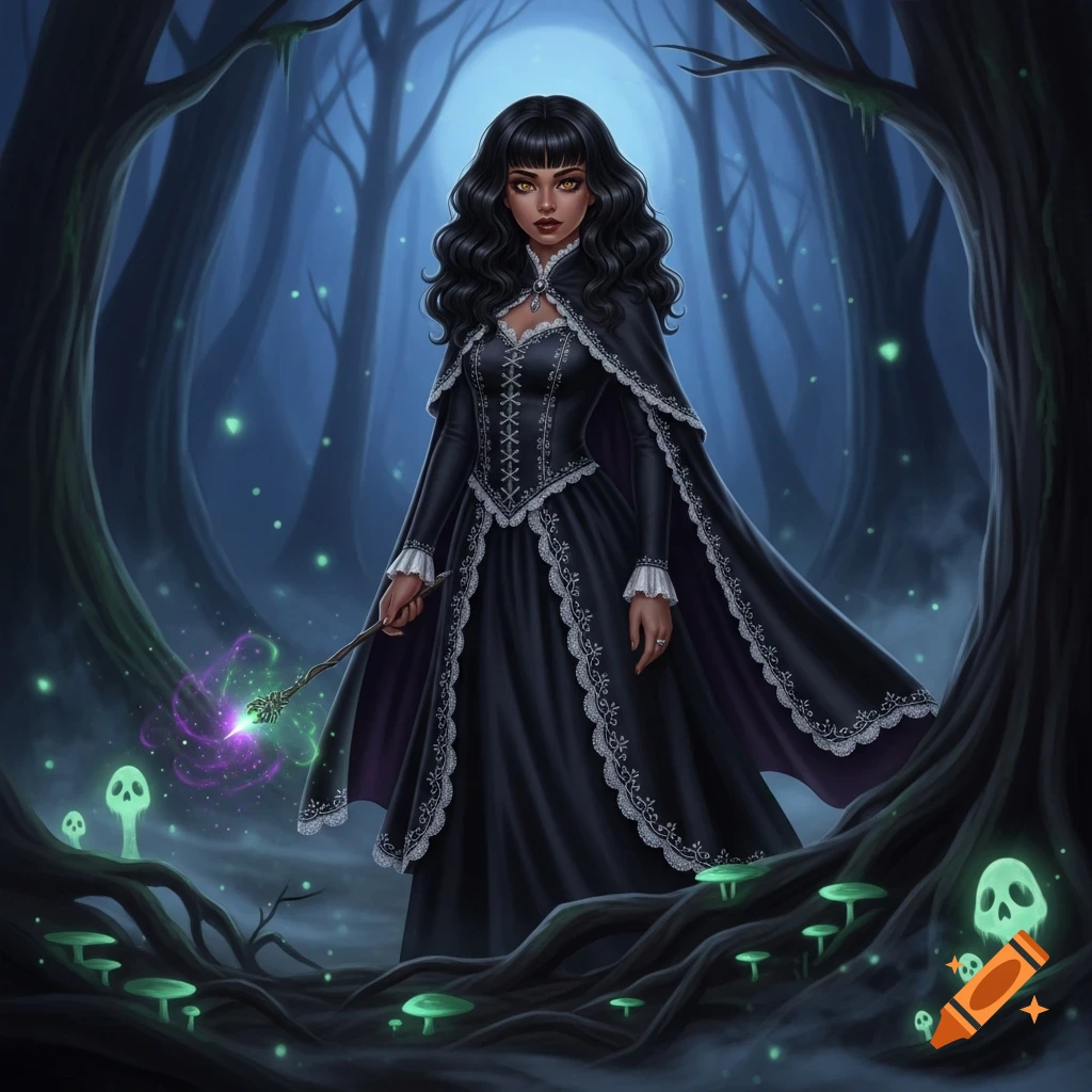 A tan gothic witch with black curly hair in a black lace dress and cape, holding a glowing wand in a mystical dark forest with glowing mushrooms.