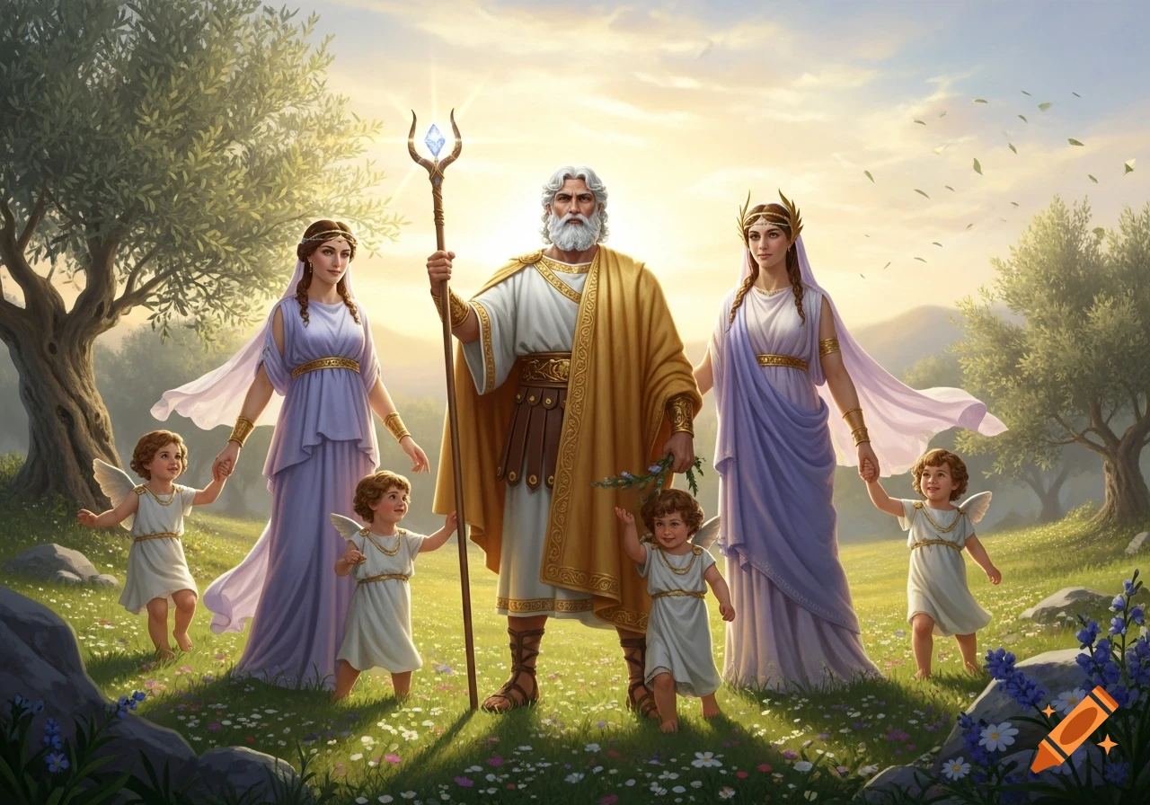A powerful Greek god with a staff stands between two goddesses, surrounded by four winged children, in a beautiful sunlit meadow.
