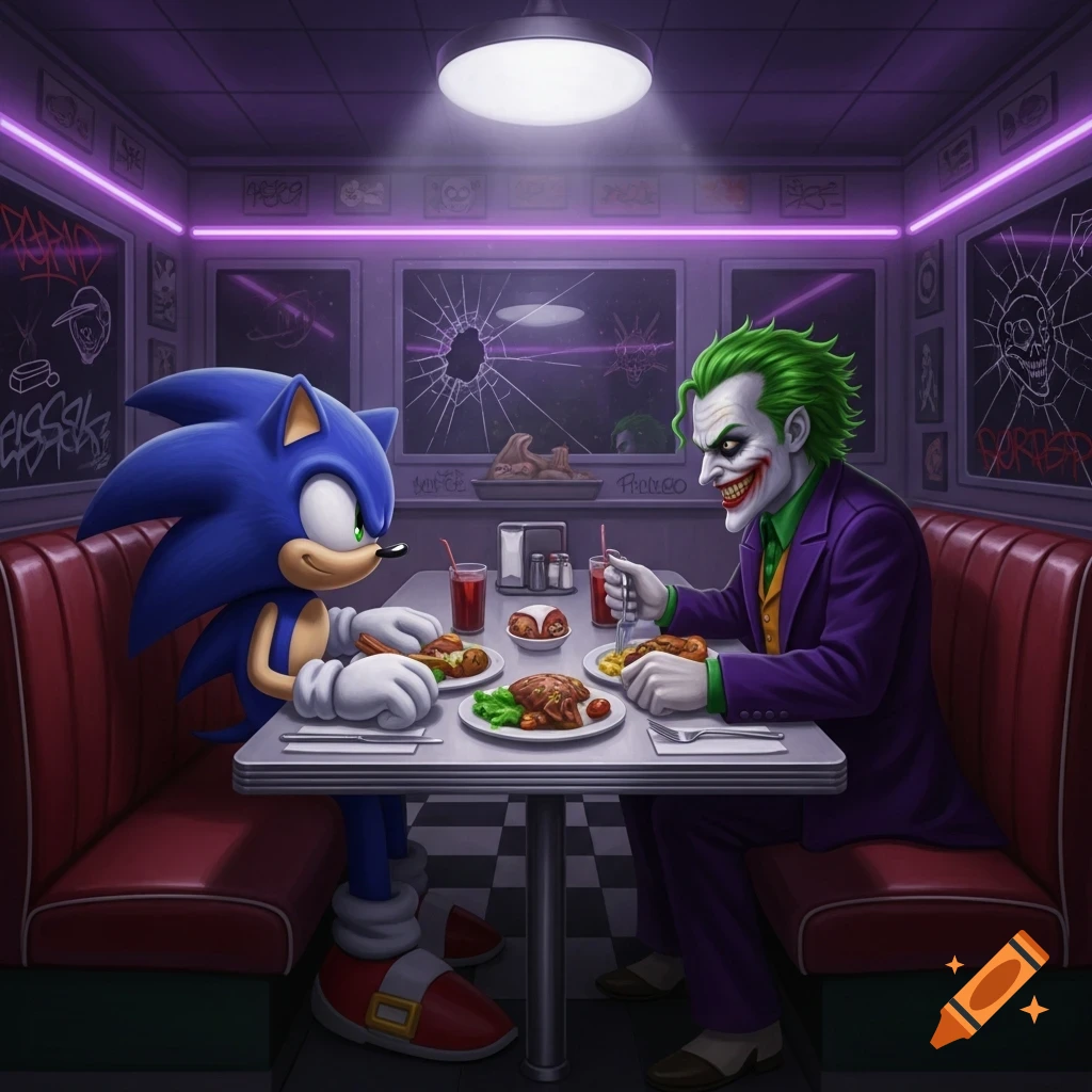 Sonic the Hedgehog and the Joker sit opposite each other in a dimly lit diner booth, eating meals. Purple neon light strips line the ceiling.