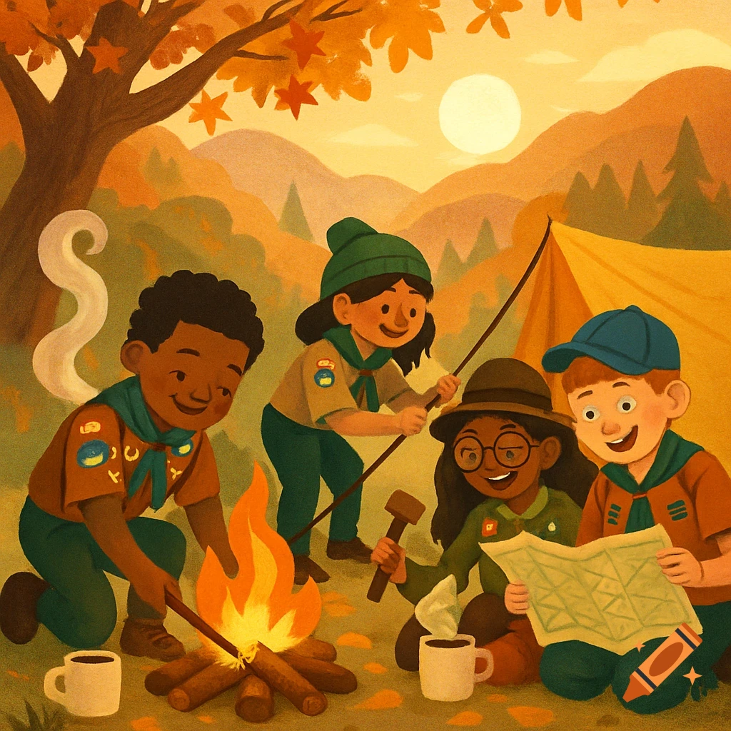Four diverse scout children in uniforms gather around a campfire and tent in an autumn forest, looking at a map, in a warm-toned illustration.