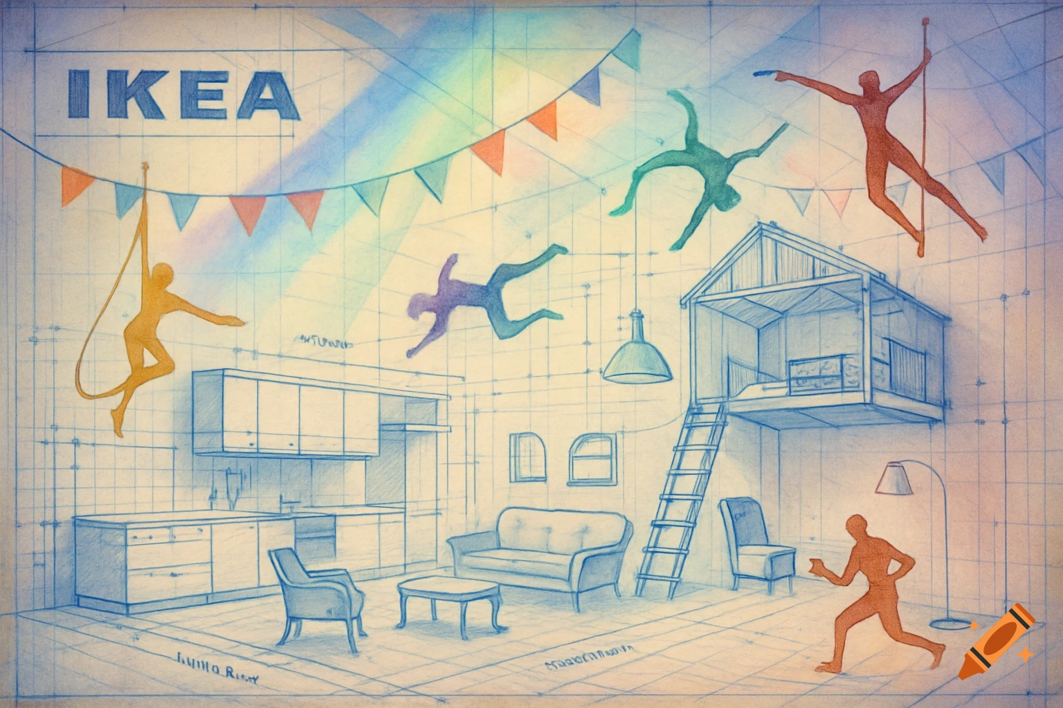 A blueprint-style illustration of an open-plan room with furniture and several colorful, stylized human figures in acrobatic poses, with the word IKEA at the top left.