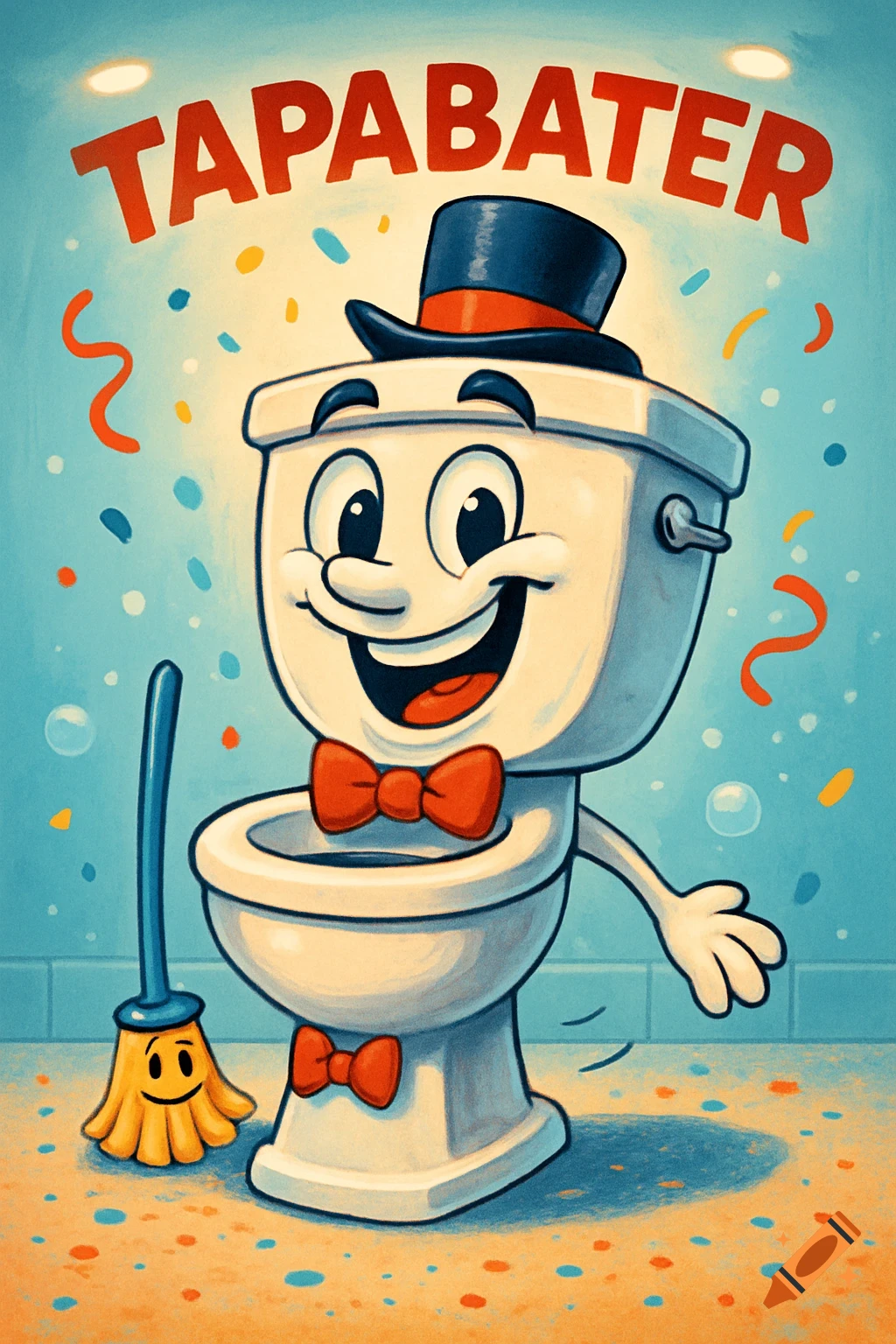 Cartoon toilet mascot wearing a top hat and bow ties, smiling amidst confetti, with "TAPABATER" above.