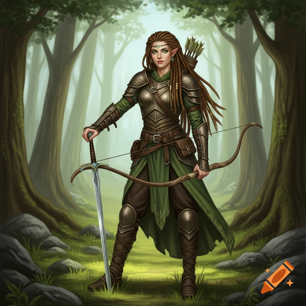 An armored female elf archer with dreadlocks stands in a forest, holding a bow and a longsword.