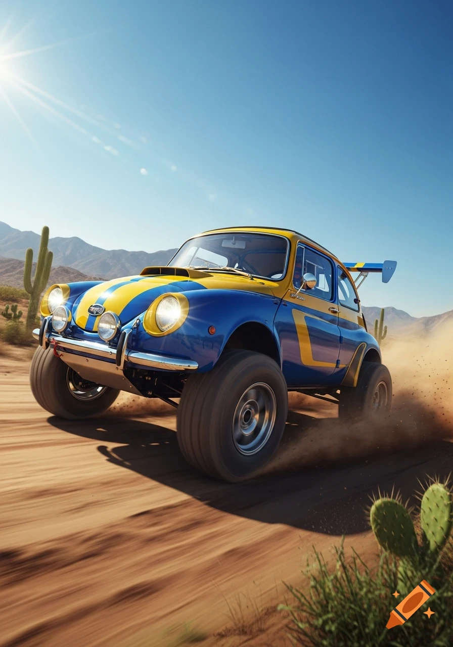 A blue and yellow Subaru 360 off-road race car kicks up dust in a sunny desert landscape with cacti and mountains.