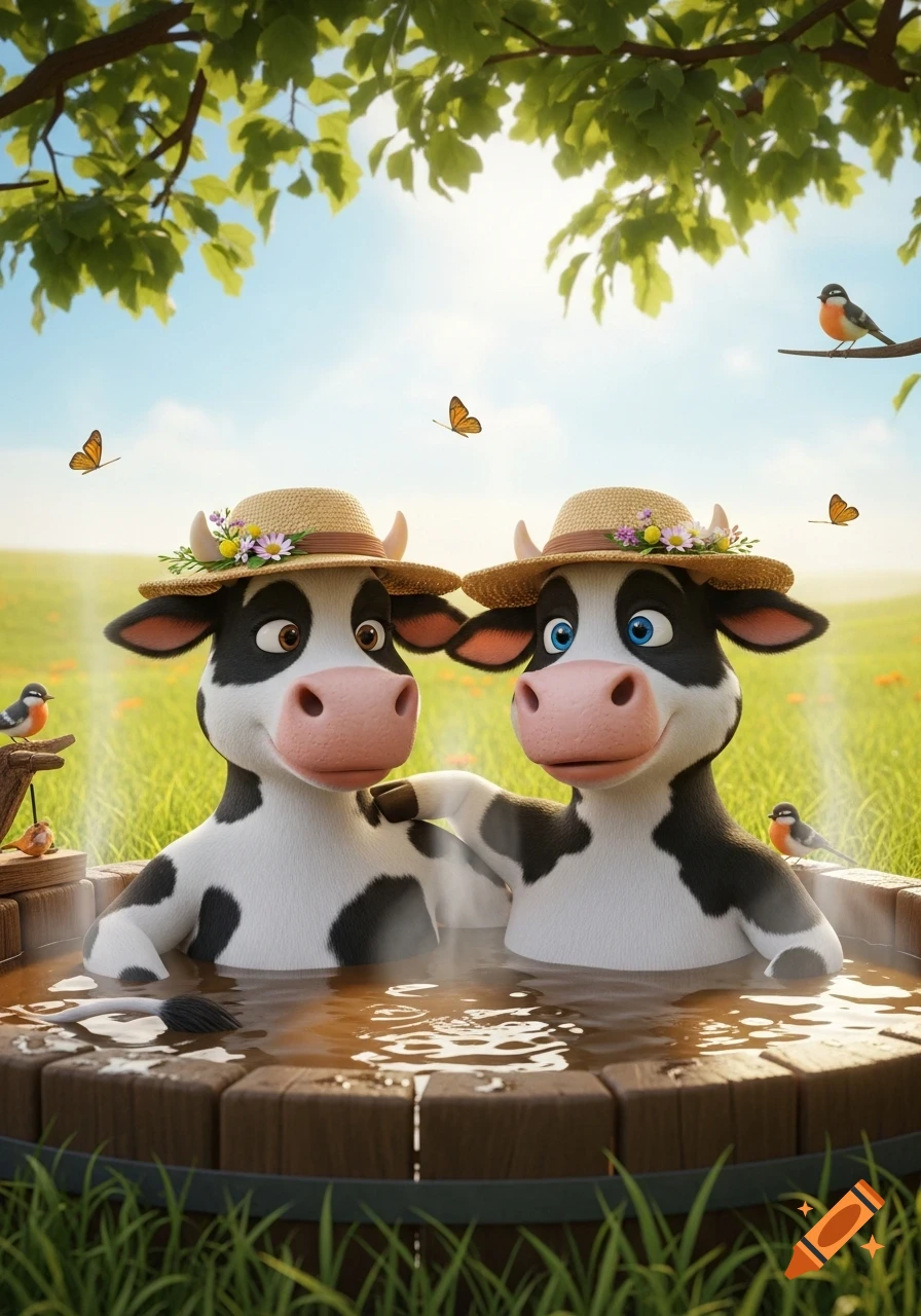 Two cheerful cartoon cows wearing straw hats with flowers relax in a wooden hot tub outdoors on a sunny day, 3D animation.