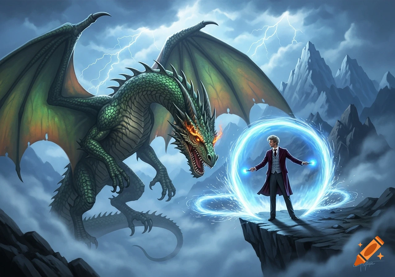 Doctor Who confronts a large green dragon with fiery eyes, surrounded by a blue energy shield in a stormy, mountainous landscape.