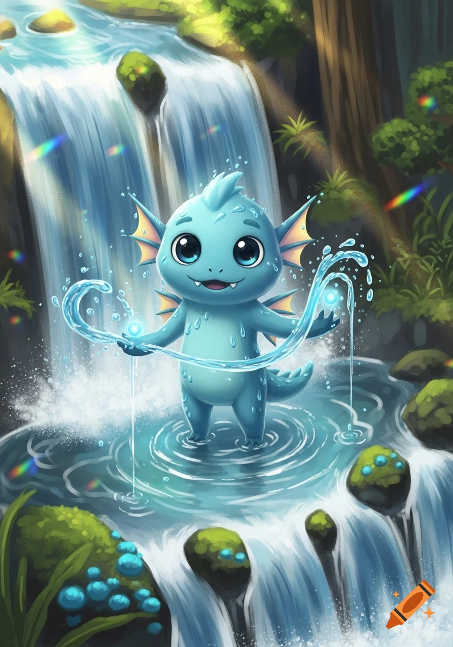 A cute, blue, cartoon-style monster with fins and big eyes stands in a shallow stream, playfully manipulating water from a waterfall.