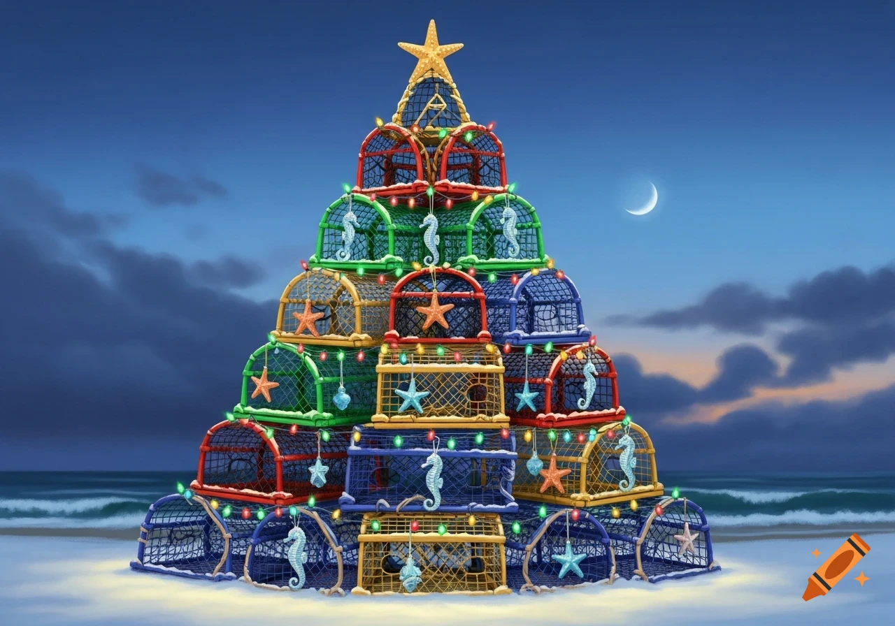 A Christmas tree made of colorful lobster traps, decorated with lights and sea creature ornaments, on a sandy beach at night.