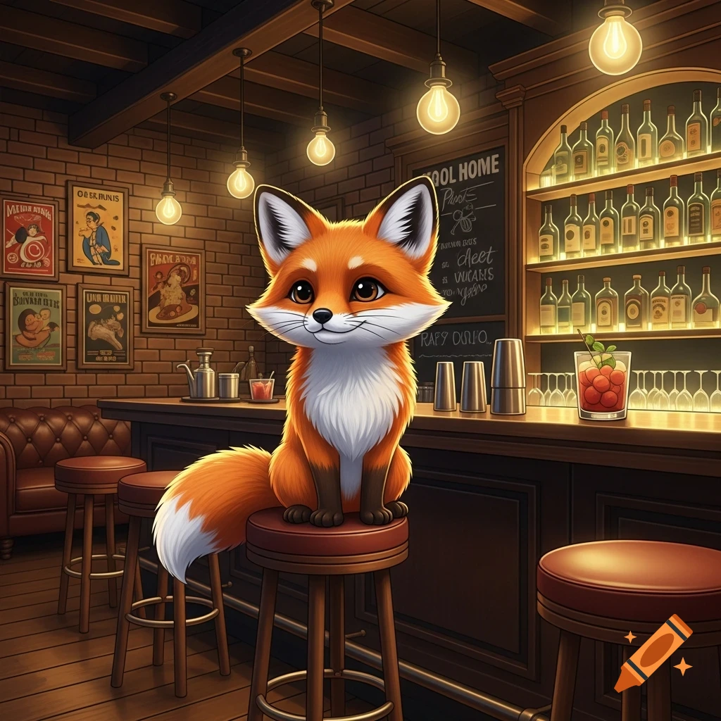 A cute, stylized cartoon fox sits on a bar stool in a warmly lit bar with glowing light bulbs and shelves of bottles.