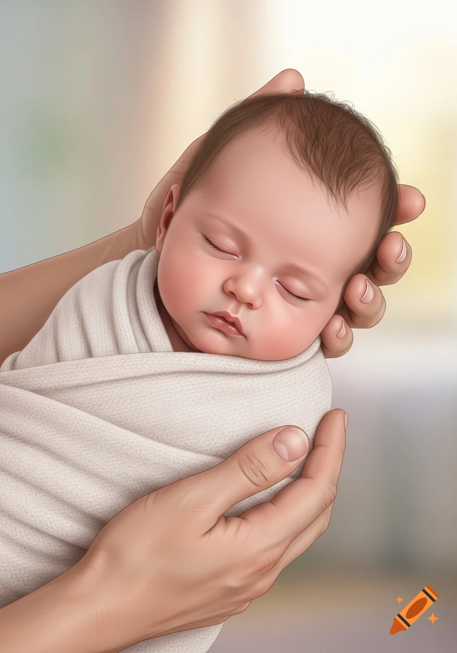 Close-up of a sleeping newborn baby swaddled in a white blanket, held gently in two hands.