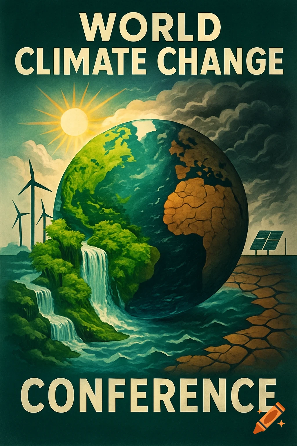 Retro-style poster for World Climate Change Conference, showing a split Earth with lush green landscape and barren cracked land.