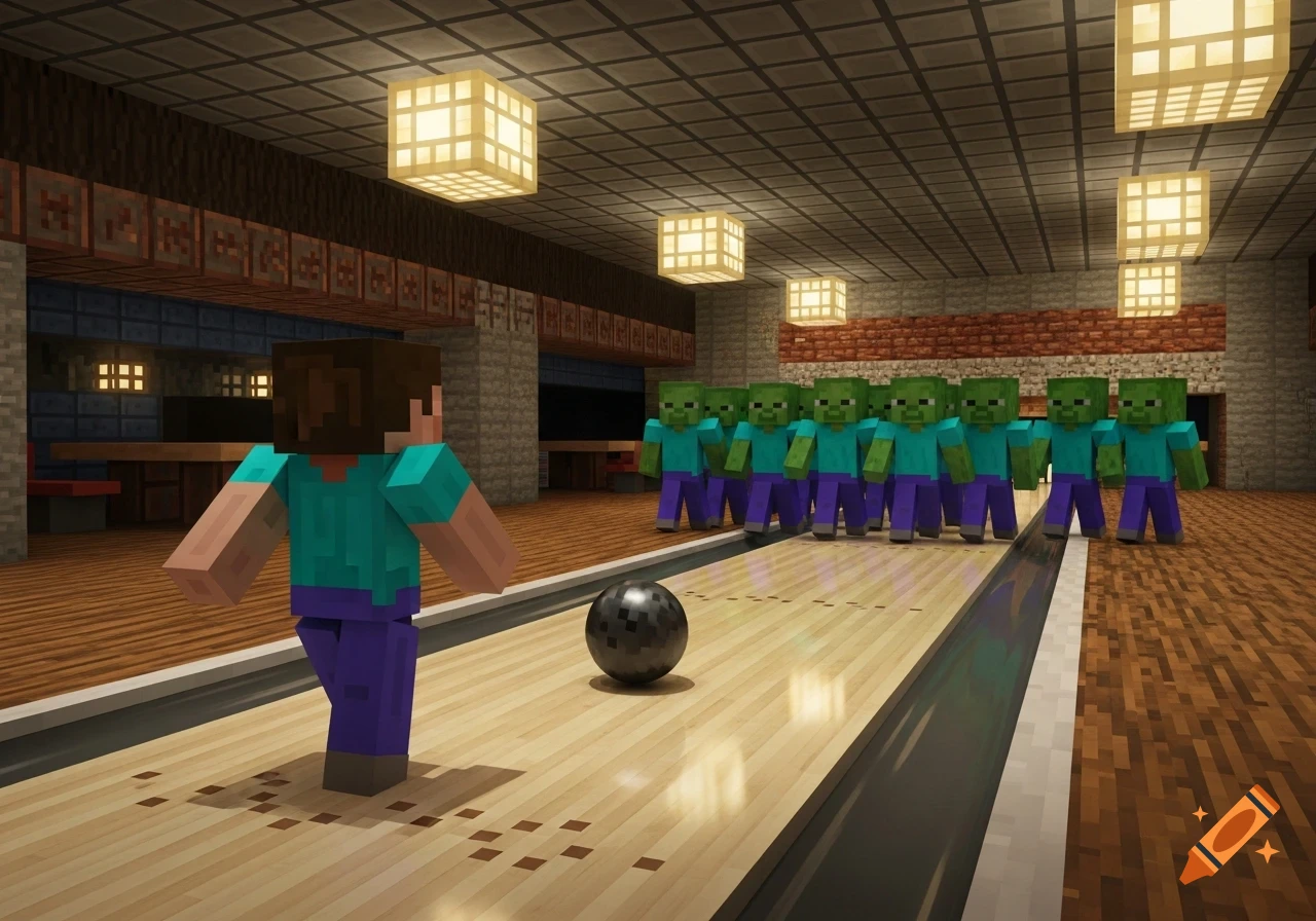 Steve from Minecraft bowls a black bowling ball towards a line of Minecraft zombies in a blocky bowling alley.