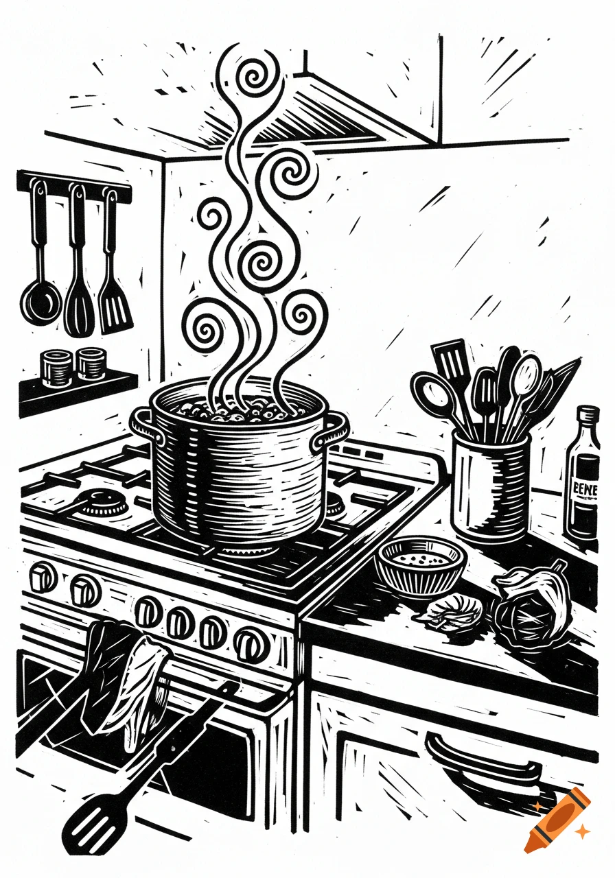 Black and white linocut illustration of a bustling kitchen scene with a pot of soup steaming on a stove, utensils, and ingredients.