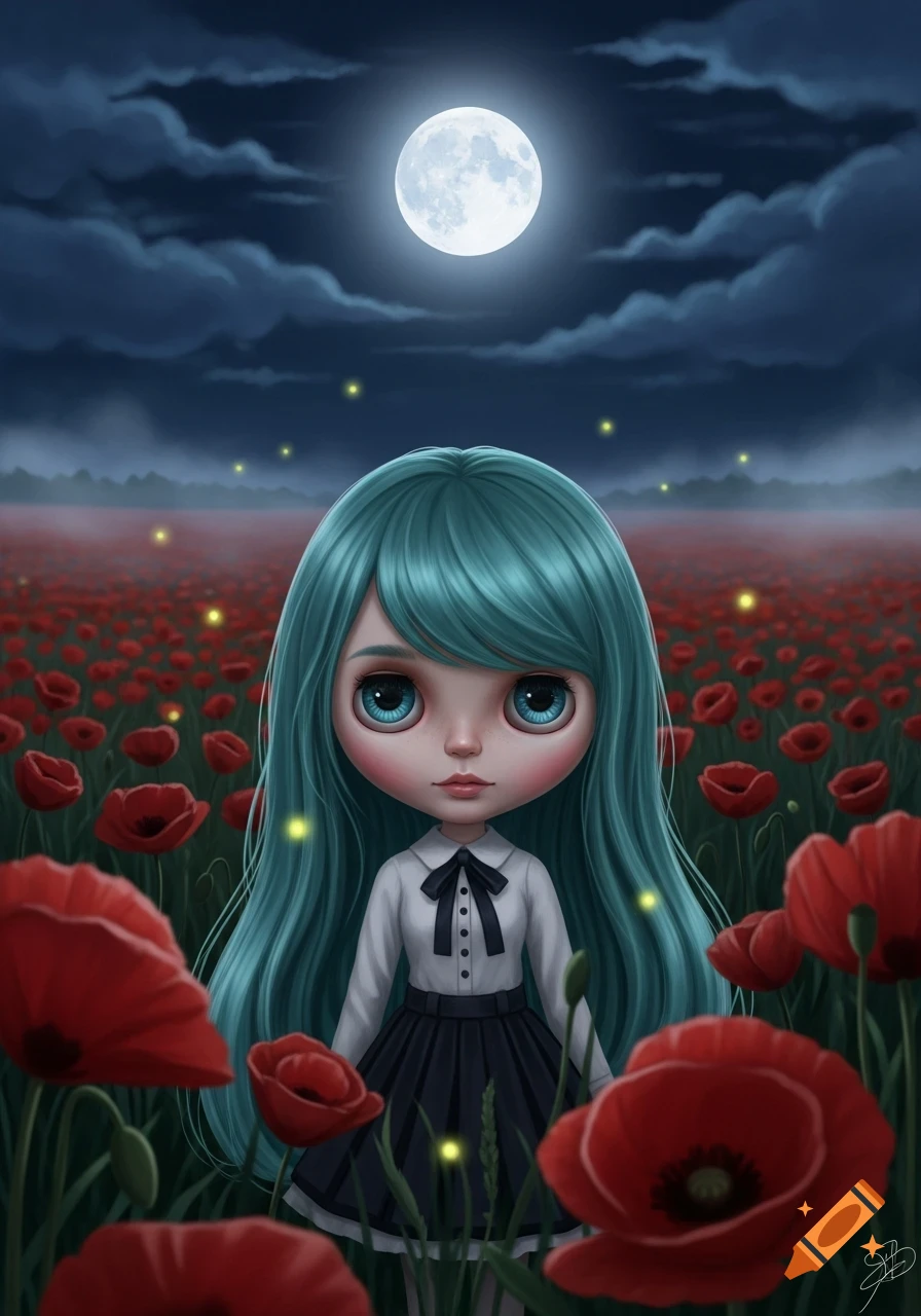 A doll-like girl with teal hair in a field of red poppies at night under a full moon with fireflies, digital art.