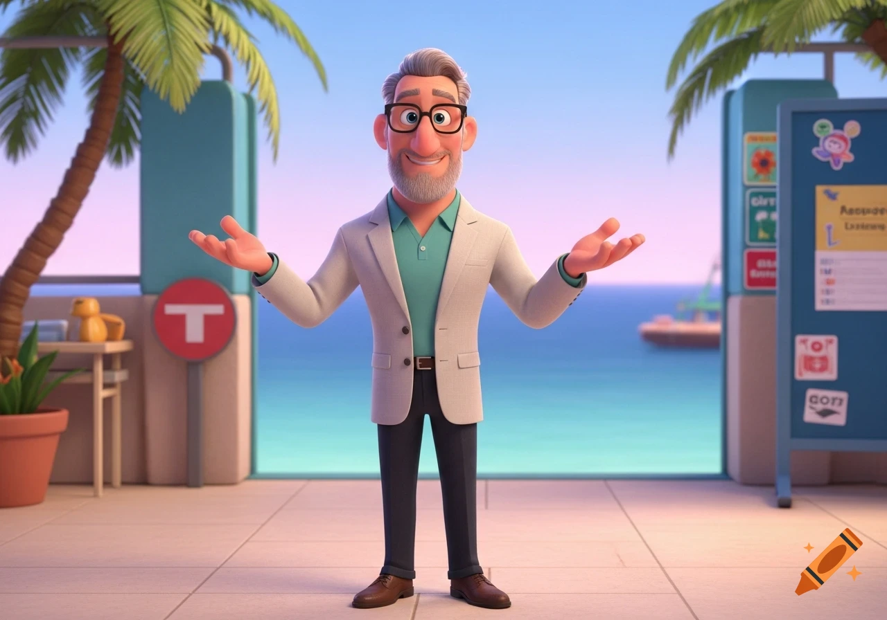 A Pixar-style animated man with grey hair and beard, wearing a blazer, stands smiling in a tropical setting with palm trees and a beach.