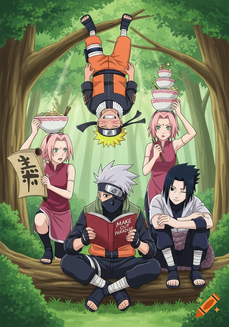 Anime characters from Naruto in a forest. Naruto hangs upside down, Kakashi reads, Sakura balances bowls and holds a scroll, Sasuke sits.