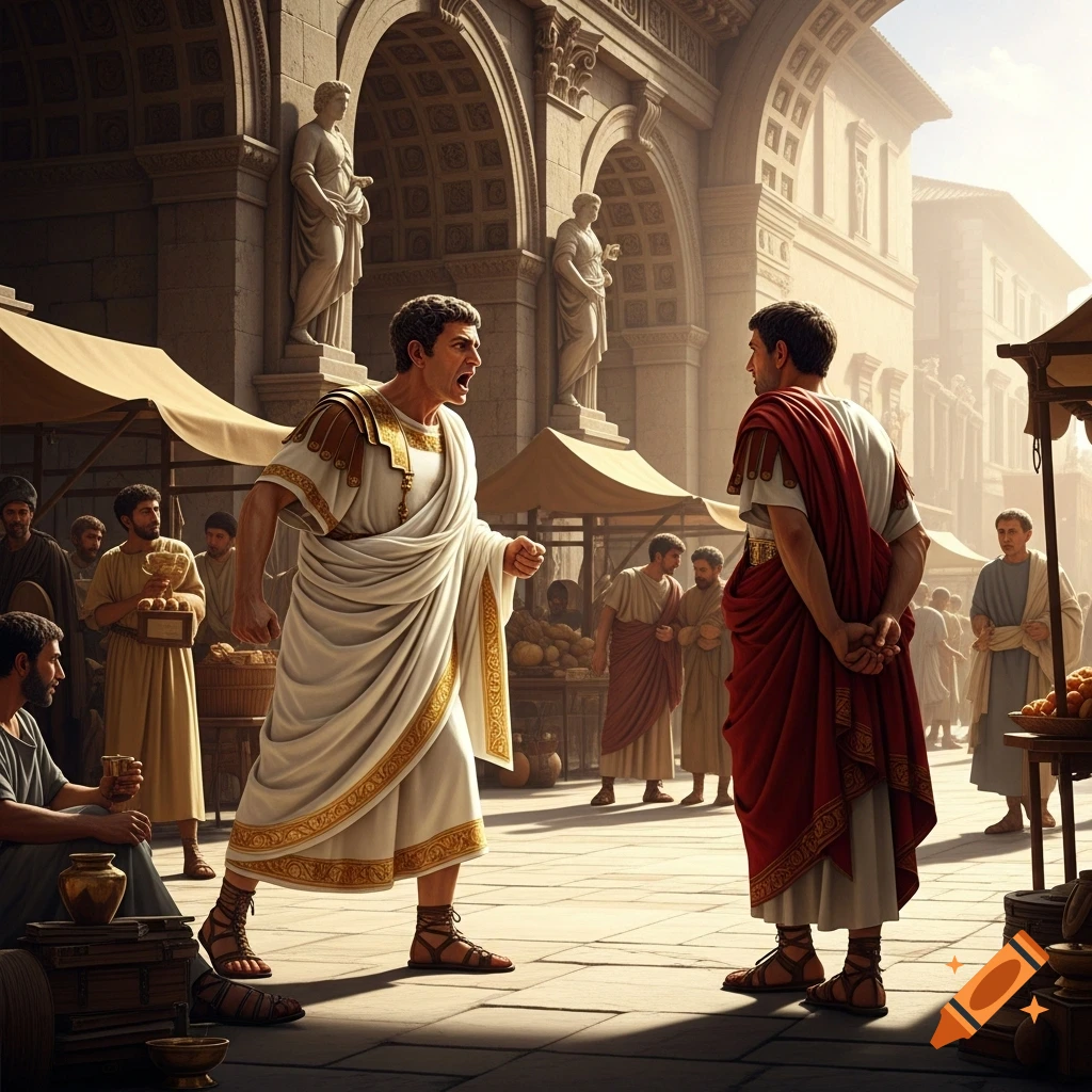 A Roman man in a white toga shouts at another Roman man in a red toga in a bustling marketplace with classical architecture.