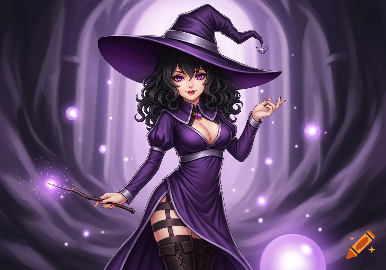 An anime witch with black curly hair, purple eyes, and a wide-brimmed purple hat and dress, holding a glowing wand in a magical purple setting.