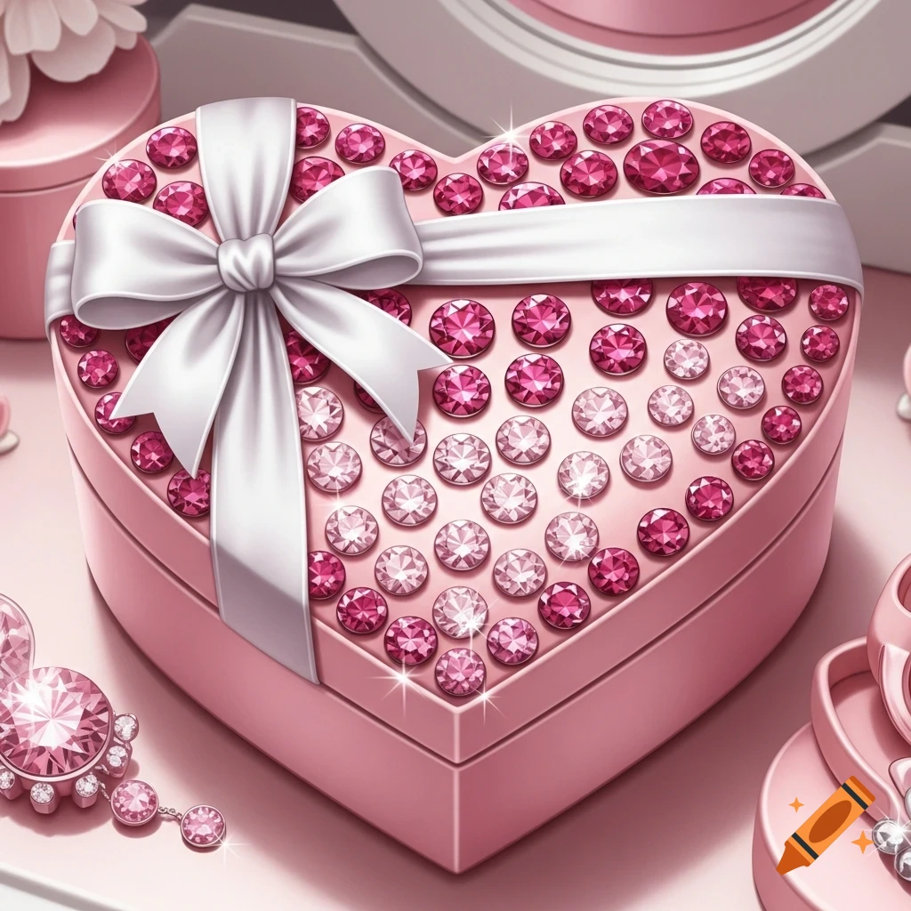 A pink heart-shaped jewelry box adorned with sparkling pink gems and a white satin bow.