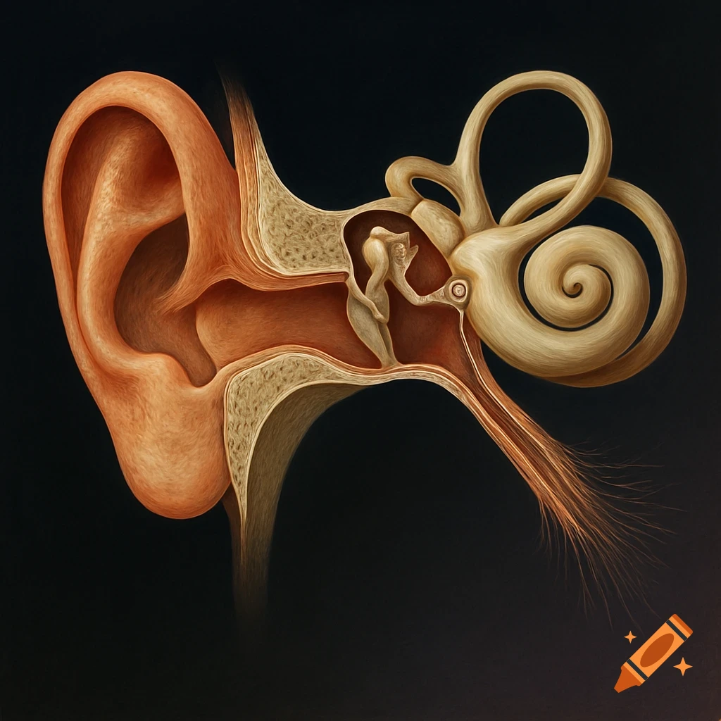 Detailed medical illustration of a human ear's anatomy, showing the outer, middle, and inner ear, cochlea, ossicles, and auditory nerve.