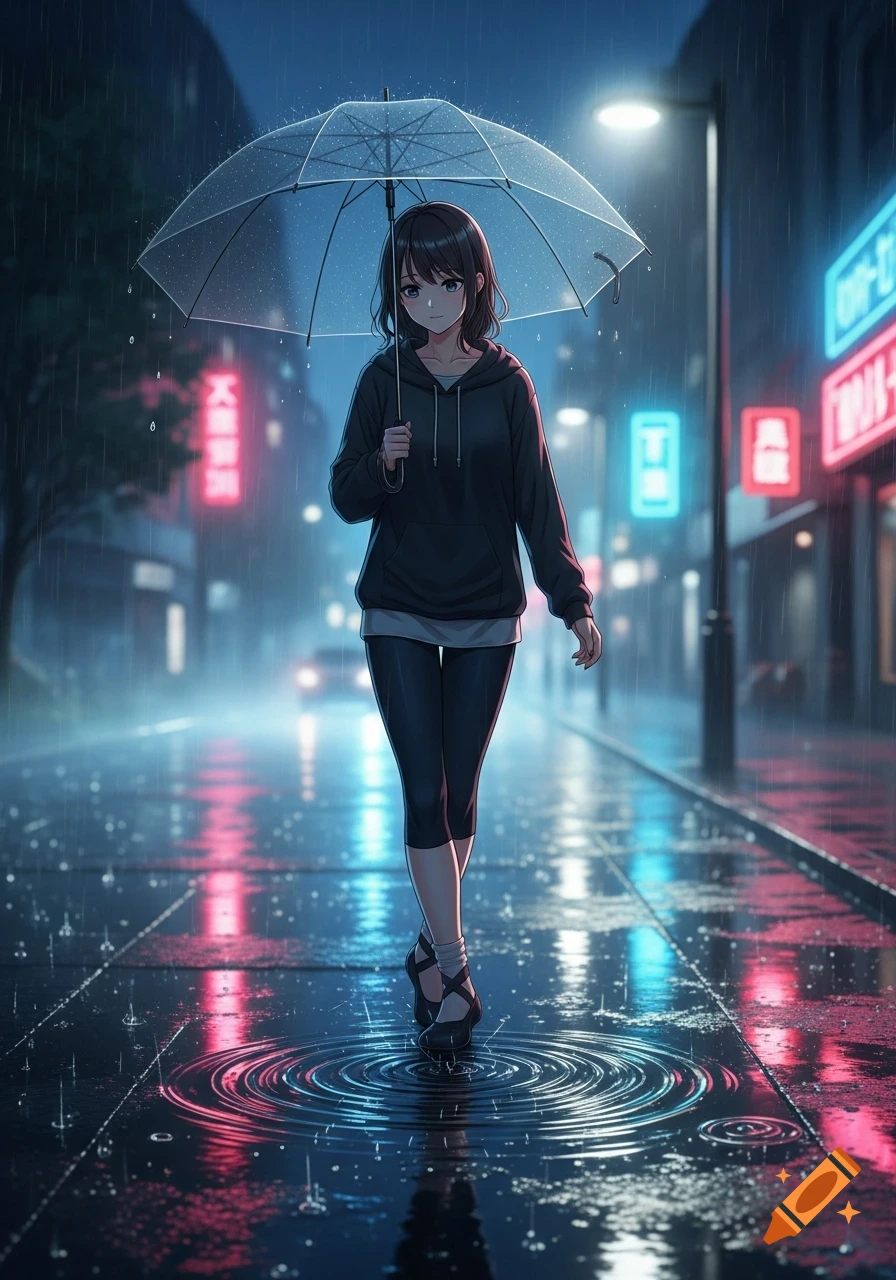 An anime girl with a dark hoodie walks with a clear umbrella on a neon-lit rainy city street at night.
