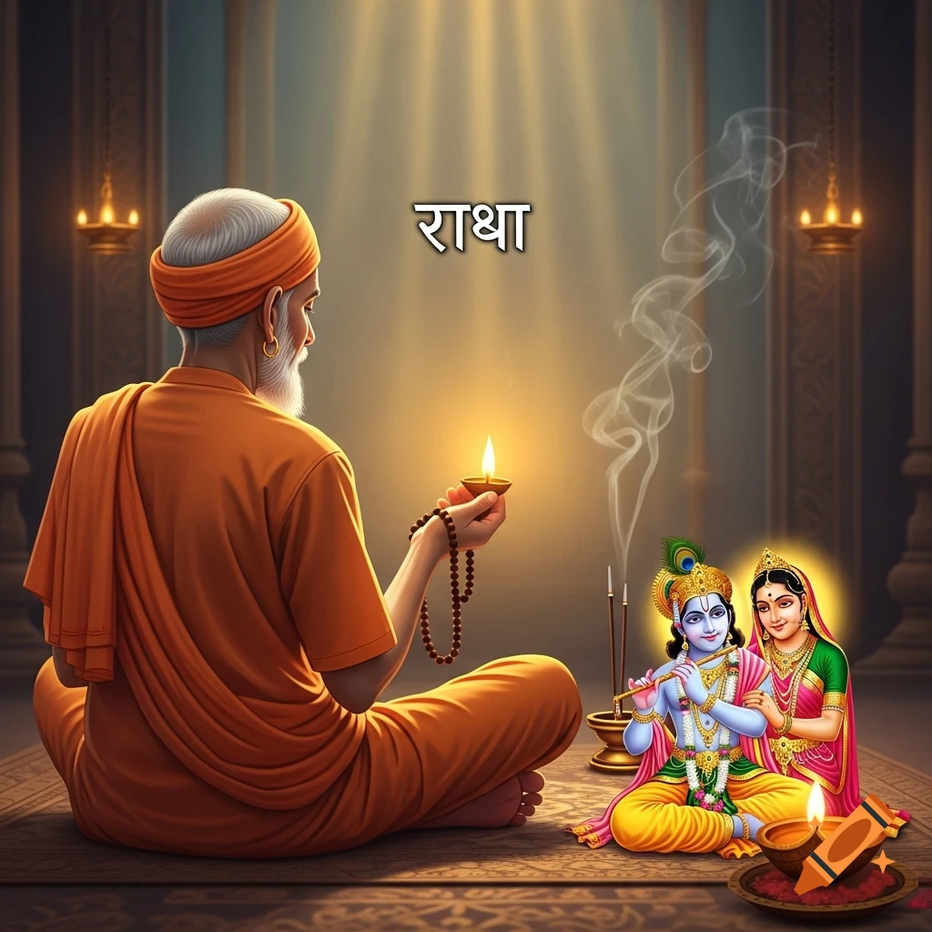 A saint meditating with a mala and lit diya, facing stylized idols of Radha and Krishna, in a spiritual, temple-like setting.