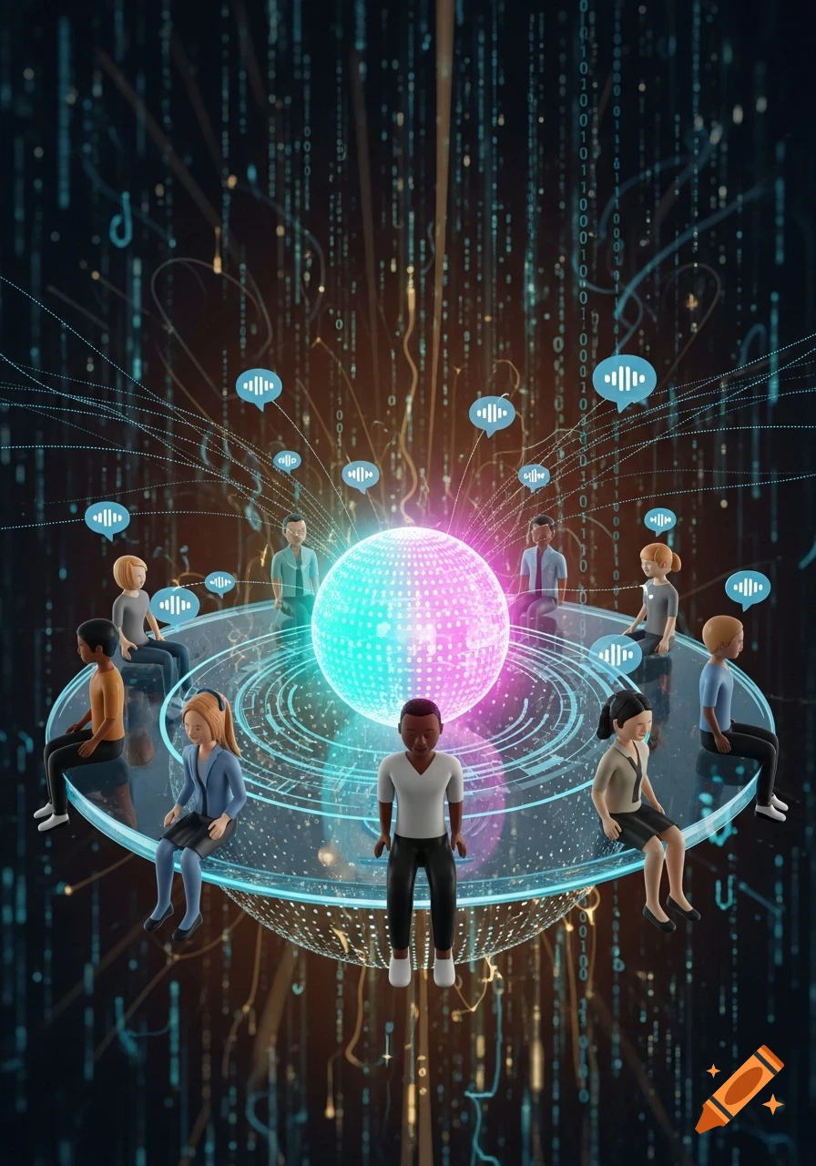 Stylized 3D rendering of diverse people sitting around a glowing digital sphere, with data streams and speech bubbles.