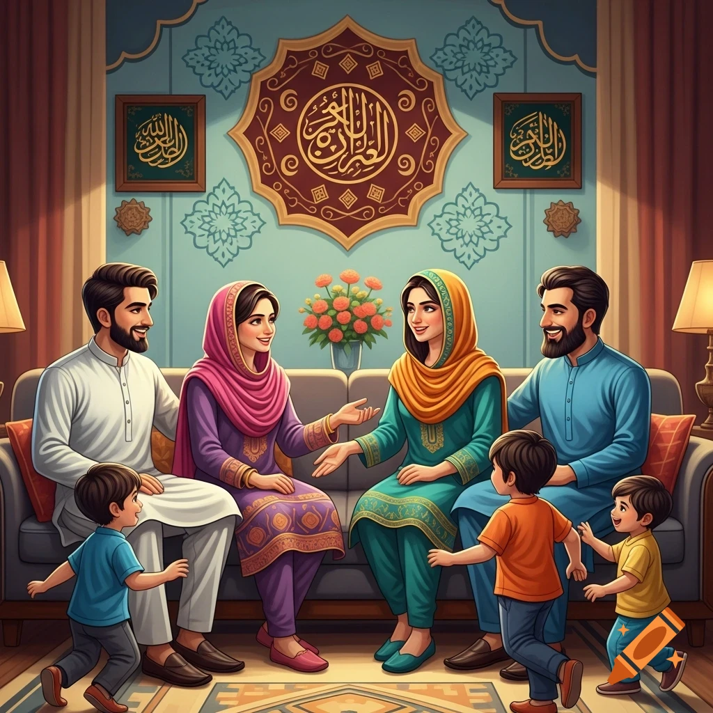 A Muslim Pakistani family, including two couples and two young boys, sits in a decorated living room with Islamic calligraphy art on the wall.