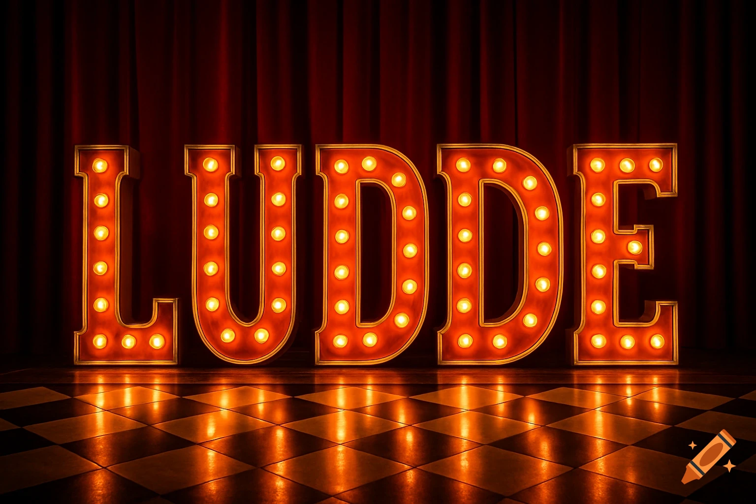 A large, red, light-up marquee sign spells 'LUDDE' on a stage with a red curtain and a checkered floor.