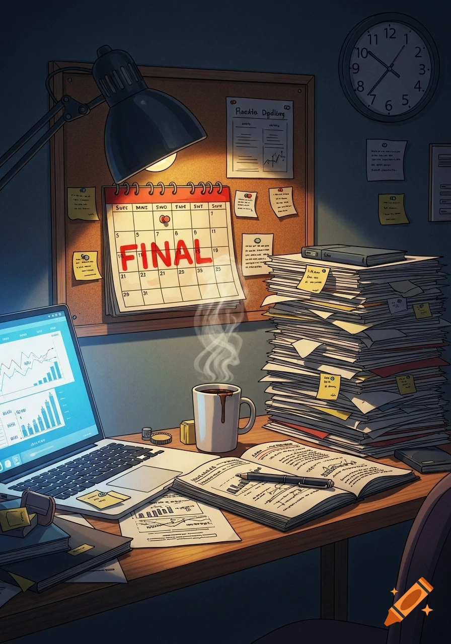 A cluttered desk at night with a laptop, steaming coffee mug, and stacks of papers. A calendar marked "FINAL" hangs on a corkboard under a desk lamp.