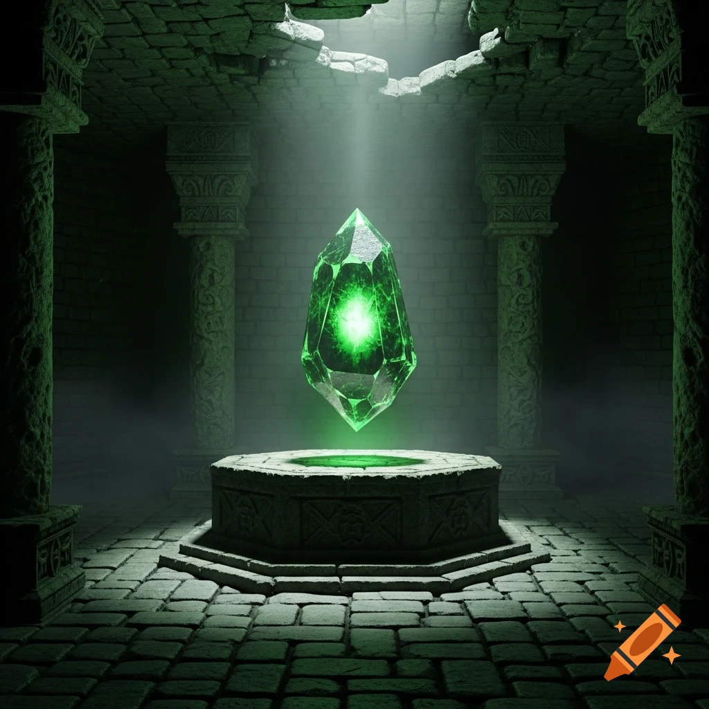 A glowing green crystal floats above a stone pedestal in a dark, ancient dungeon with crumbling pillars and brick walls.