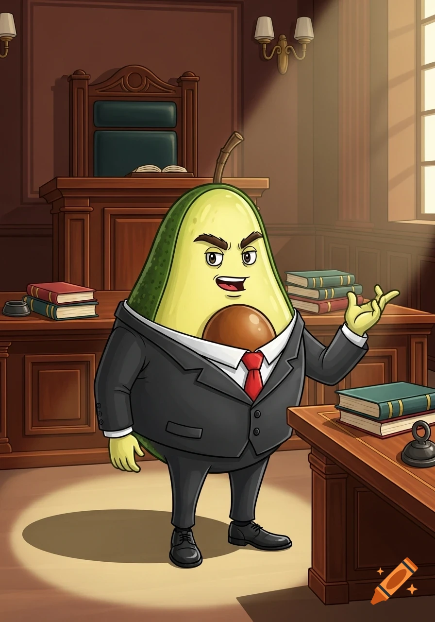 A cartoon avocado lawyer in a suit and tie stands in a courtroom, with books on desks.