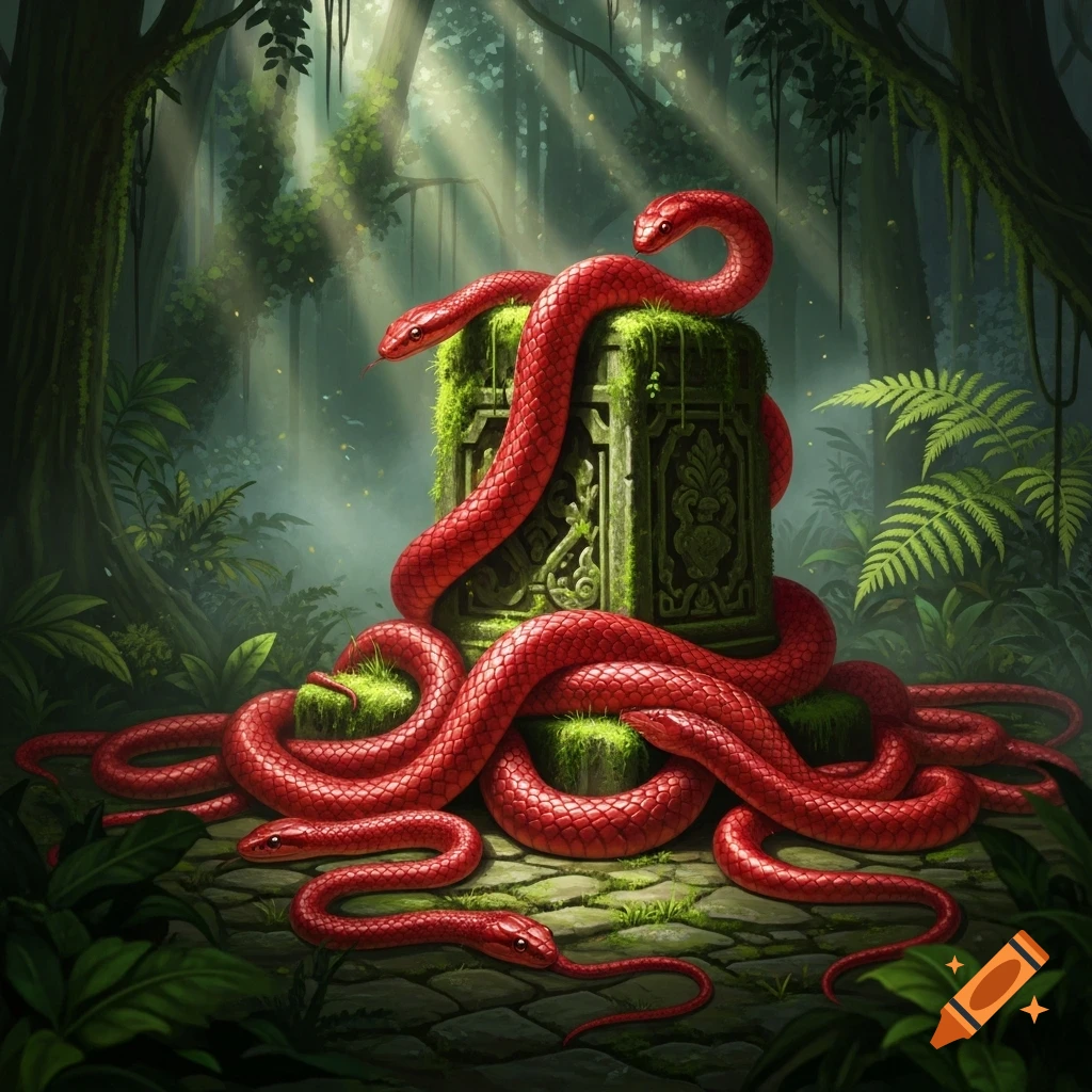 Numerous red snakes are coiled around and slithering on a moss-covered ancient stone pillar in a sun-dappled, overgrown jungle.