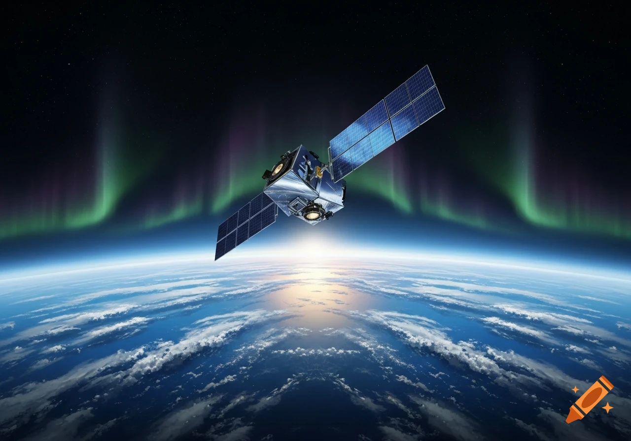 A satellite with large solar panels orbits Earth, with the aurora borealis visible in the dark sky above.