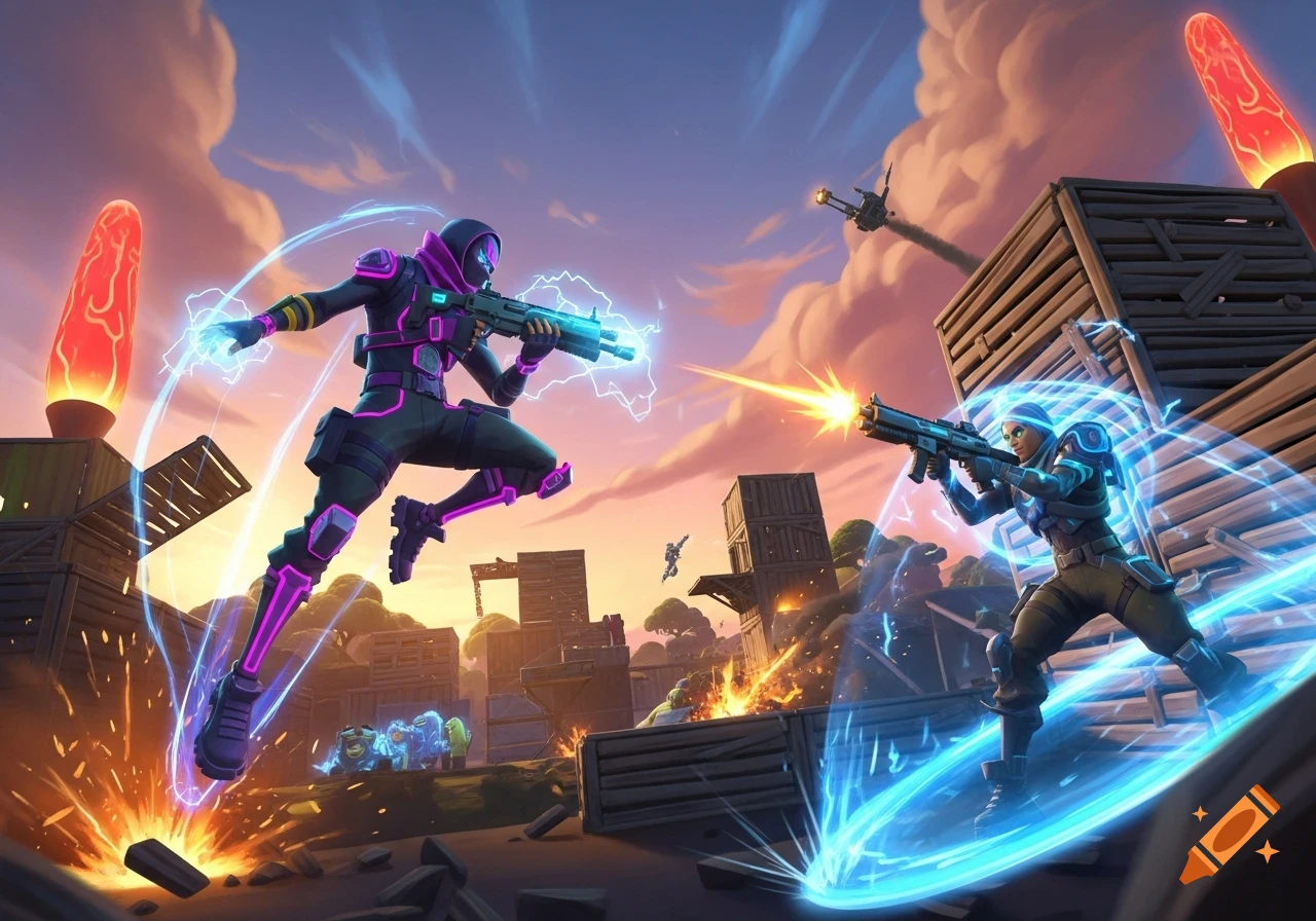 Two Fortnite characters in dynamic combat, one jumping with purple energy, the other shielded, in a stylized battle arena at sunset.