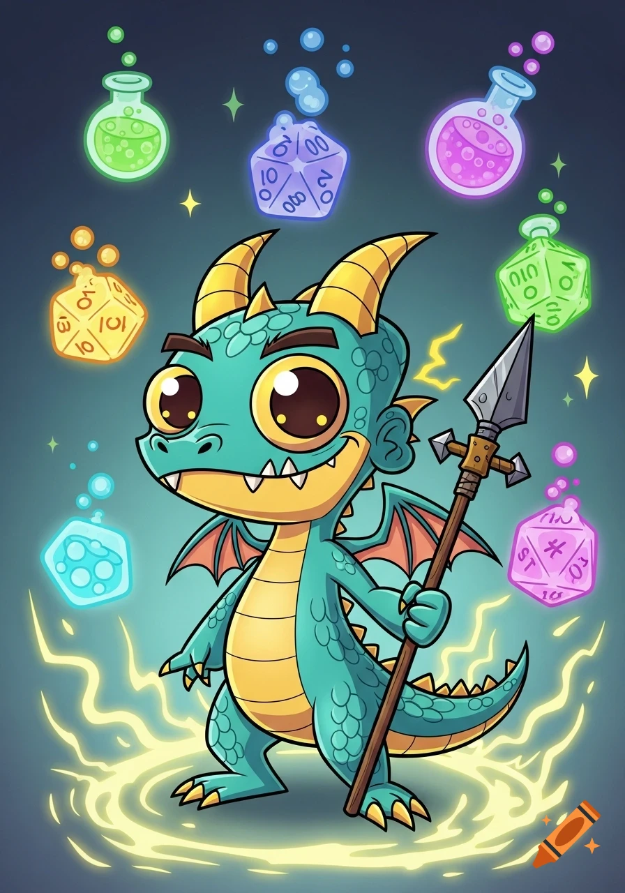 A cute teal dragon with big eyes holds a spear, surrounded by glowing dice and potions in a cartoon style.