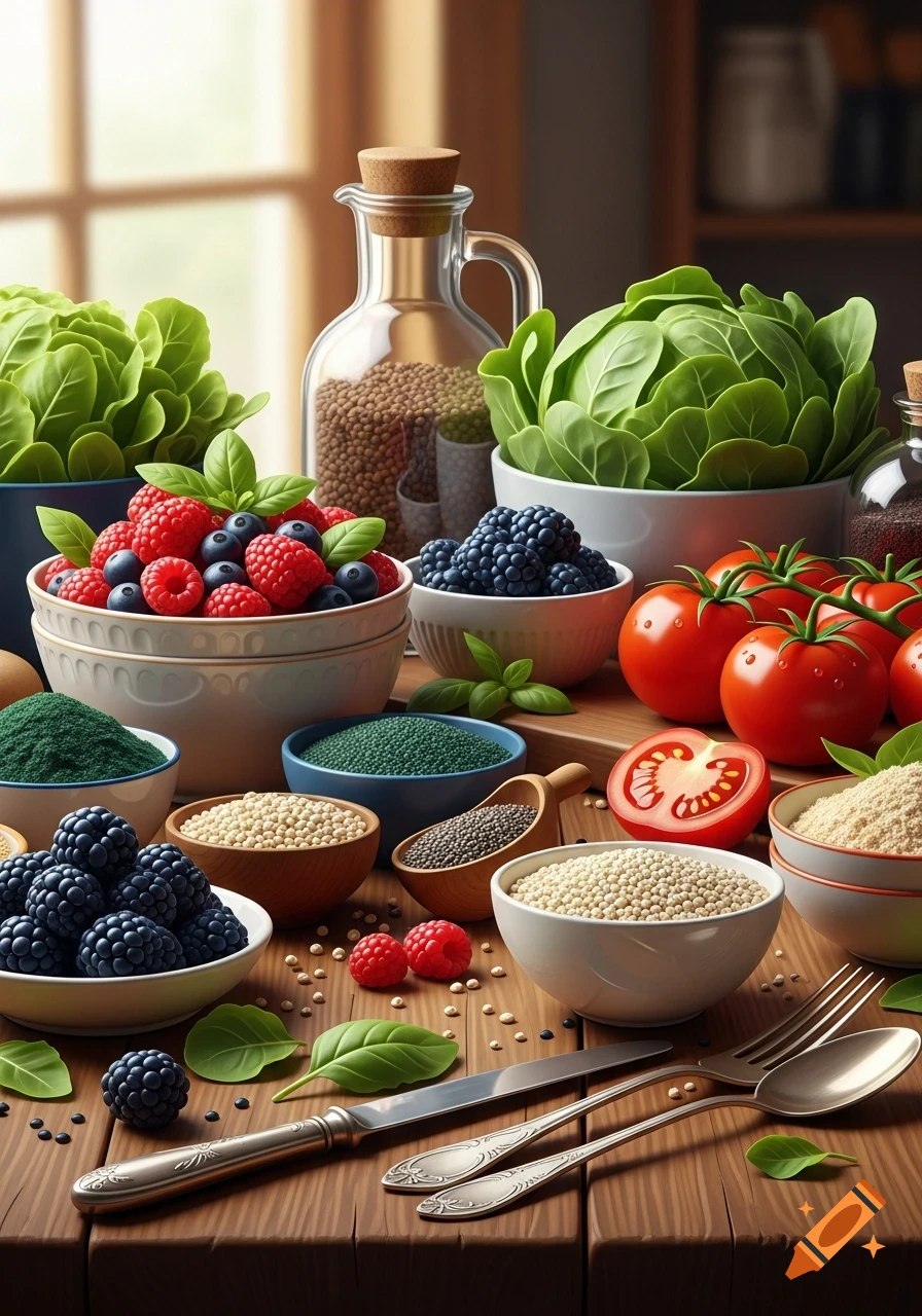 A vibrant, photorealistic still life of various healthy foods including raspberries, blueberries, blackberries, tomatoes, lettuce, and grains in bowls and jars on a wooden table.