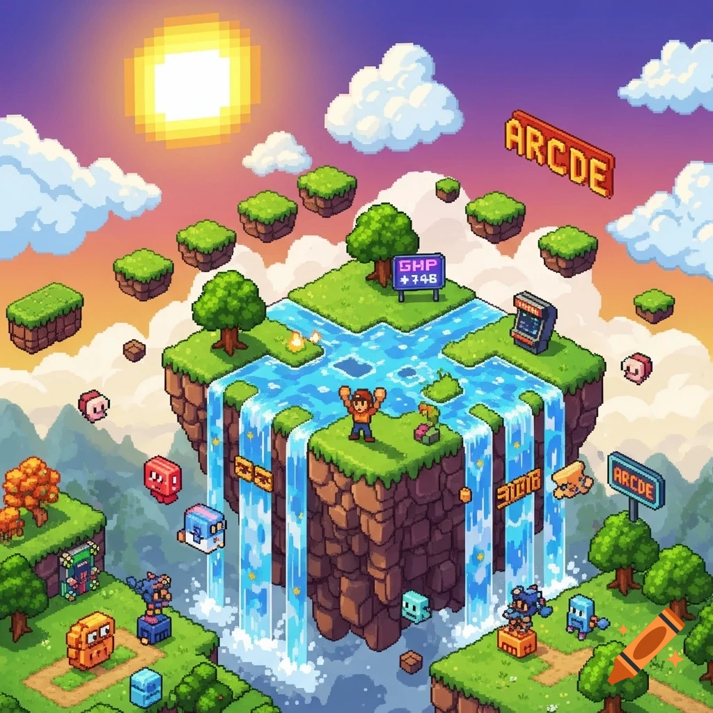 Isometric pixel art of floating islands with waterfalls, a character, an arcade machine, and small enemies under a pixelated sun.