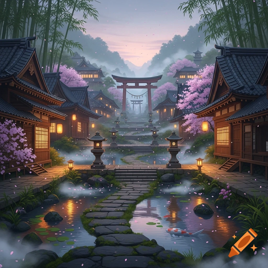 Serene stylized Japanese village at twilight with cherry blossoms, traditional buildings, stone paths, torii gates, and a pond with a koi fish.