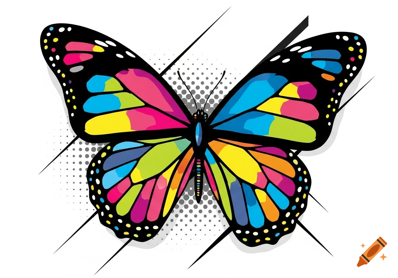 Vibrant pop art butterfly with multi-colored wings and black outlines against a white background with halftone dots.