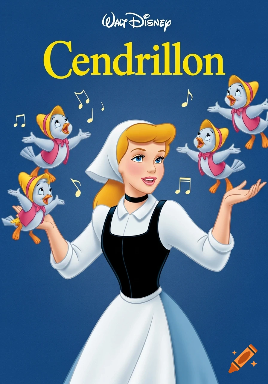 Cinderella in a peasant dress and headscarf, smiling amidst four singing birds, with 'Walt Disney Cendrillon' text on a blue background.