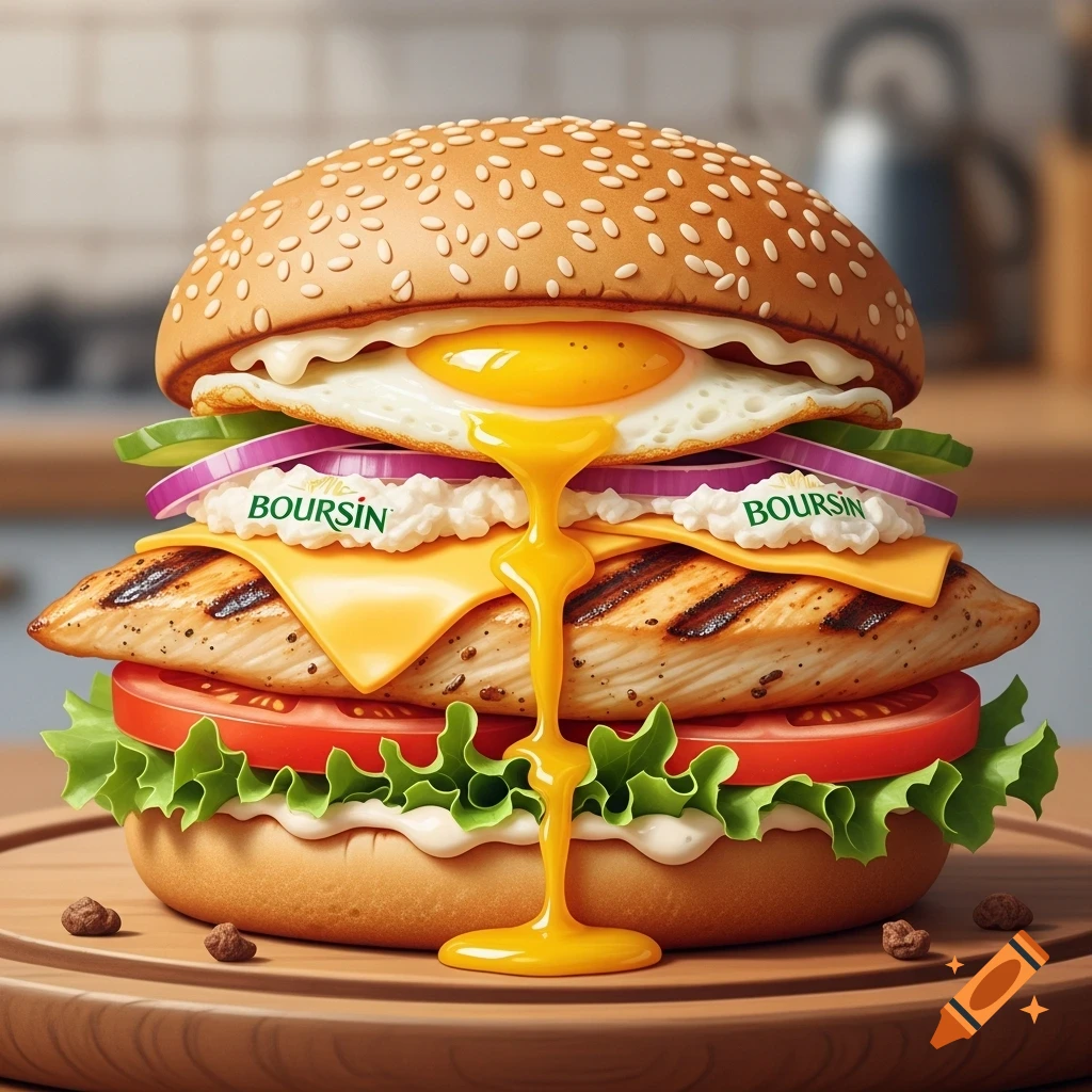 A giant photorealistic burger with chicken, melted cheese, lettuce, tomato, onion, a runny fried egg, and Boursin spread on a sesame bun.